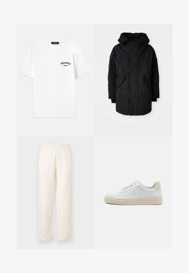 Crna parkica s kapuljačom, s dva zip zatvarača na prsima, dva bočna džepa s preklopom i opuštenim krojem. Mekana tkanina s glatkom teksturom.; Bijela pamučna majica s okruglim izrezom, kratkim rukavima i crnim vezom s natpisom "DSQUARED2 MILANO" na lijevoj strani prsnog dijela.; Lagane hlače boje krem s elastičnim pojasom, ravnog kroja i suptilnom teksturom. Nemaju vidljive džepove.; Bijela tenisica s glatkom kožnom gornjom, bež vezicama i strukturiranom bež nubuk petom. Povišeni potplat za dodatnu visinu.