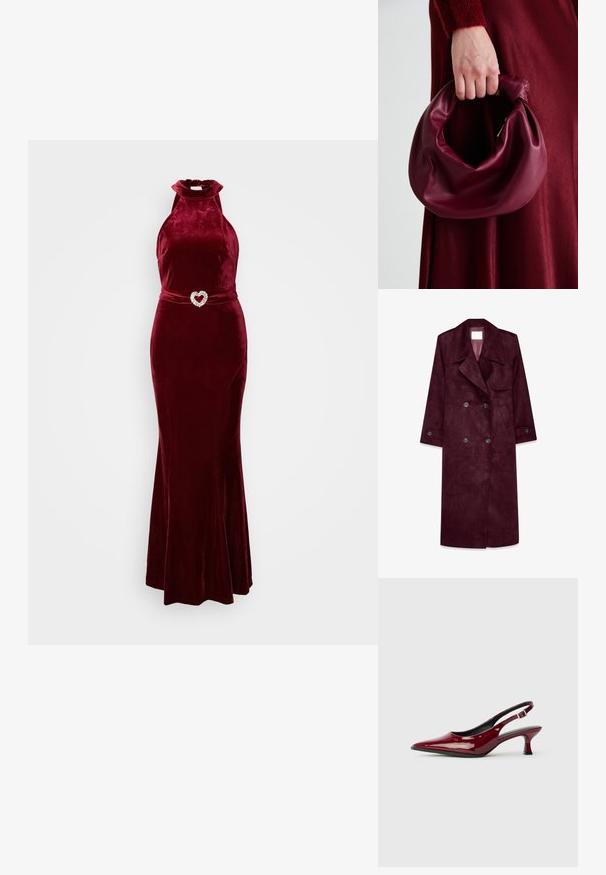 Burgundi krooni suède mantli, topelt-nööbiga disain, suur krae, küljetaskud, reguleeritavad mansetid, voodrita sisemus.; Burgundia sametkleit kõrge kaelusega, flared seeliku ja südamekujuline rhinestone pandla vööl. Sile tekstuur, keha jäljendav disain.; Burgundia läikivast nahast slingback-kontsaga kingad, millel on terav varvas ja stiilne stiletto-tald. Avatud tagaosa disain koos reguleeritava pahkluu rihmaga.; Burgundia värvi nahk käekott, millel on pehme, kokku tõmmatav disain ja ümar kuju. Käepide on kindlalt kinnitatud, näidates siledaid pindu.; Burgundia värvi nahk käekott, millel on pehme, kokku tõmmatav disain ja ümar kuju. Käepide on kindlalt kinnitatud, näidates siledaid pindu.