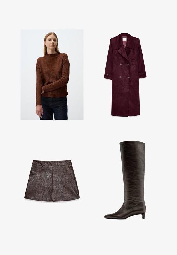 Manteau trench en daim bourgogne, design double boutonnage, grande col, poches latérales, poignets ajustables, intérieur non doublé.; Un pull long à manches longues de couleur brune avec un col festonné, une coupe ample et des manches côtelées, associé à un jean en denim foncé.; Jupe mini en cuir marron avec un motif crocodile texturé, dotée d'un ourlet droit et de coutures avant pour un aspect soigné.; Botte noire en cuir montant jusqu'au genou, avec un bout pointu et un petit talon effilé. Texture lisse avec un effet de plis subtil.