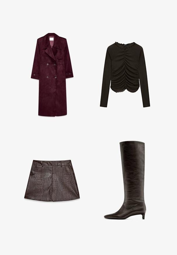 Bordeaux suède trenchcoat, dubbelzijdig design, grote revers, zijzakken, verstelbare manchetten, ongevoerd interieur.; Zwarte top met lange mouwen, voorzien van geplooide details aan de voorkant en een gegolfde halslijn. Gemaakt van een zachte, rekbare stof.; Bruine leren minirok met een gestructureerd krokodillenpatroon, afgewerkt met een rechte zoom en voornaad voor een op maat gemaakte uitstraling.; Zwarte leren kniehoge laars met een spitse neus en een lage, taps toelopende hak. Glad textuur met een subtiele geplooide effet.