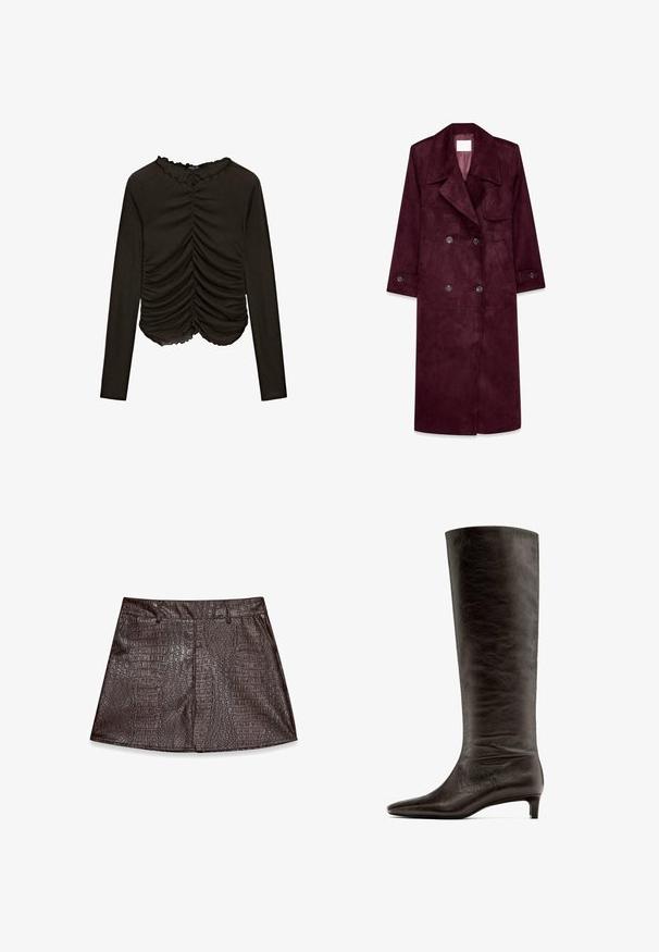 Cappotto trench in suede color bordeaux, design doppiopetto, ampio revers, tasche laterali, polsini regolabili, interno non foderato.; Top nero a maniche lunghe con dettaglio arricciato sul davanti e scollo smerlato. Realizzato in tessuto morbido ed elastico.; Gonna mini in pelle marrone con una texture a motivo coccodrillo, orlo dritto e cuciture frontali per un aspetto sartoriale.; Stivale in pelle nera al ginocchio con punta affilata e tacco basso a forma affusolata. Texture liscia con un effetto leggermente piegato.