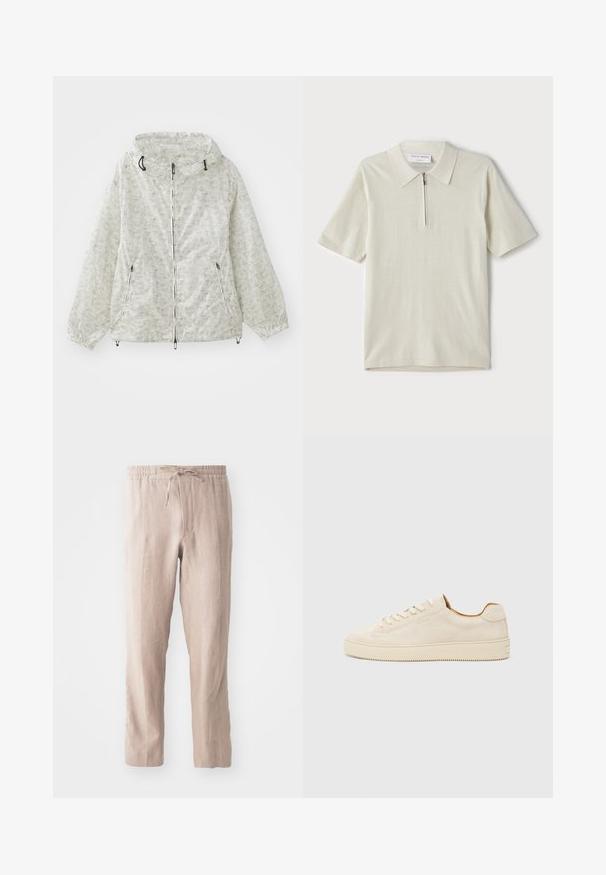 Lahka, kremasto obarvana jakna na zadrgo z kapuco, elastičnimi manšetami in ponavljajočim se geometrijskim vzorcem. Vključena sta tudi dva sprednja žepa.; Polo majica s kratkimi rokavi v svetlo bež barvi z zadrgo pri ovratniku. Narejena iz gladkega materiala, ima preprost, sodoben dizajn brez vzorcev.; Bež lanene hlače z elastičnim pasom in vrvico. Ravnokotni kroj z mehkimi vlakni in minimalističnim stilom.; Bež suède teniska z nizkim dizajnom, okroglim prstom, ravnimi čipkami in teksturirano gumijasto podplatom. Minimalističen slog brez vidnih logotipov.