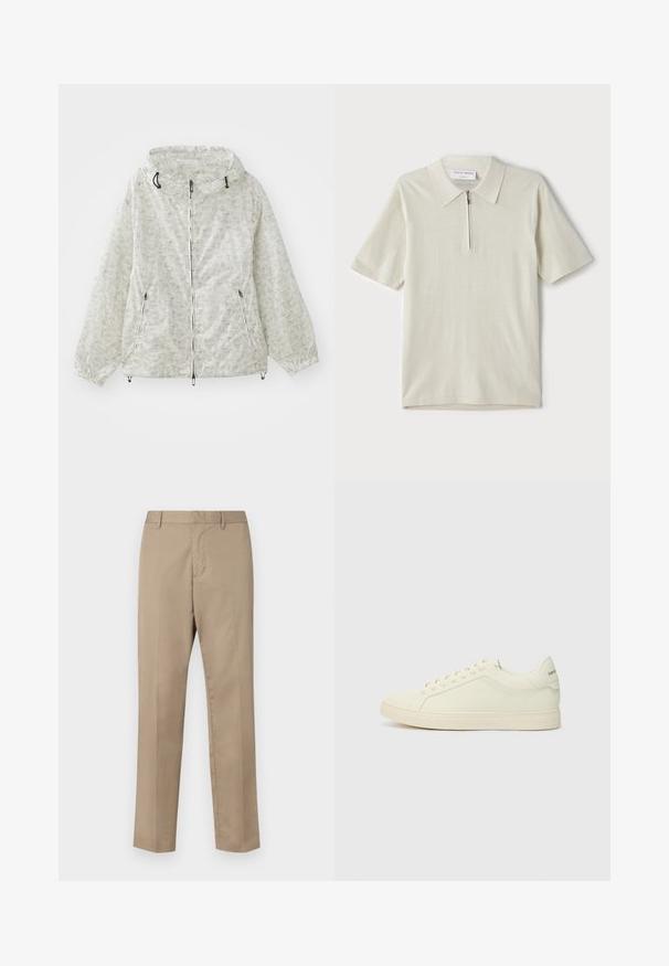Lättvikts jacka i krämfärg med dragkedja och huva, elastiska muddar och ett upprepande geometriskt mönster. Två framfickor ingår.; Kortärmad polo i ljusbeige med dragkedja i kragen. Tillverkad av slätt tyg, har en enkel och modern design utan mönster.; Beiga byxor i lättviktsmaterial, med en rak framdel, sidofickor och raka ben med en mjuk textur.; Vita lädersneakers med en minimalistisk design, texturerad överdel och rund tå. Har en gummisula och diskret branding på hälen.