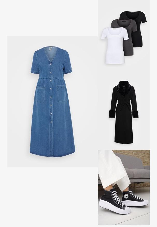 Svart kappe med krage og mansjetter i kunstpels, belte i midjen, lange ermer og rett kant. Glatt tekstur, elegant design.; Jeanskjole med korte ermer, V-hals, knapfront og to frontlommer. Ensfarget blå, kne-lang, avslappet passform med samlet liv.; Tre figurerte T-skjorter i hvit, grå og svart. Hver har en bred scoop-nakke og korte ermer. Laget av glatt, elastisk stoff.; Svarte høye sneakers med hvite gummisåler og lisser. Har et rundt logo-merke og kontrasterende hvite sømmer. Laget av lerret.