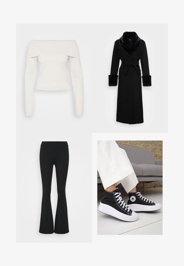 Robe noire avec un col châle en fausse fourrure et des poignets, taille ceinturée, manches longues et ourlet droit. Texture lisse, design élégant.; Haut à manches longues sans épaule en tricot blanc doux, avec un col à côtes et un corps ajusté, doté d'une texture lisse et de coutures minimales.; Pantalon évasé noir en tissu extensible, présentant une taille haute et une texture lisse. Le pantalon s'élargit à partir du genou.; Baskets montantes en toile noire avec semelles et lacets en caoutchouc blanc. Elles présentent un logo circulaire sur le côté et un contraste de coutures blanches.