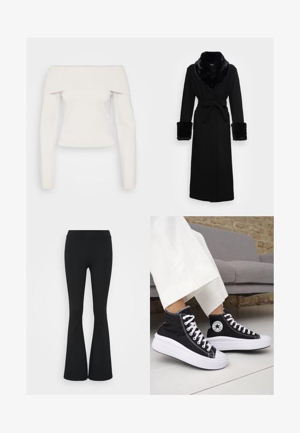 Crna haljina s ovratnikom i manžetama od umjetnog krzna, s pojasom u struku, dugim rukavima i ravnim rubom. Glatka tekstura, elegantan dizajn.; Majica dugih rukava bez ramena u mekom bijelom pletenju, s rebrastim izrezom i prilagođenim krojem, s glatkom teksturom i minimalnim šavovima.; Crne trapezaste hlače od rastezljivog materijala, sa visokim pojasom i glatkom teksturom. Hlače se šire od koljena.; Crne tenisice visoke košarke s bijelim gumenim potplatom i vezicama. Imaju okruglu logotipsku zakrpu i kontrastni bijeli šav. Materijal od platna.