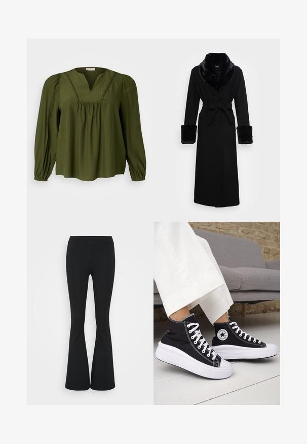 Fekete köpeny műszőrme sálgallérral és mandzsettákkal, övvel meghúzott derékkal, hosszú ujjakkal és egyenes szegéllyel. Sima textúra, elegáns dizájn.; Olívazöld, hosszú ujjú blúz V-nyakkivágással, függőleges csíkokkal, deréknál ráncolással, valamint puffos ujjal és elasztikus mandzsettával.; Fekete harangszárú nadrág, rugalmas anyagból készült, magas derékkal és sima felülettel. A nadrág a térdtől kezdve bővül.; Fekete magas szárú tornacipők fehér gumitalppal és fűzővel. Kör alakú logófolttal és kontrasztos fehér varrással. Vászon anyagból.