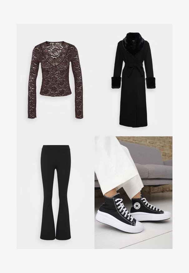 Sort kappe med krave og manchetter i faux pels, bælte i taljen, lange ærmer og lige kant. Glat tekstur, elegant design.; Langærmet brun blondetop med dyb V-udskæring, blomsterprint og tætsiddende design. Blødt, struktureret stof med indviklet detaljer.; Sorte flagrende bukser lavet af strækbart stof, med en høj talje og en glat tekstur. Bukserne flared fra knæet.; Sorte sneakers med højt skaft, hvide gummisåler og snørebånd. Har en rund logo-patch og kontrasterende hvide syninger. Fremstillet af lærredsmateriale.