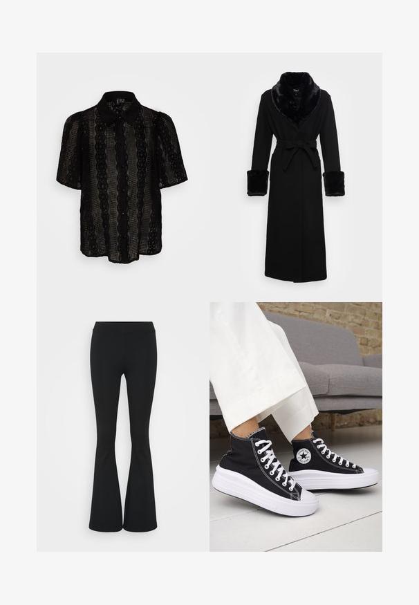 Svart kappe med krage og mansjetter i kunstpels, belte i midjen, lange ermer og rett kant. Glatt tekstur, elegant design.; Svart blondebluse med kragehals, korte pufferm, vertikale stripe mønstre og knappelukking foran.; Svarte flared bukser laget av elastisk stoff, med høy midje og en glatt tekstur. Buksene vidder ut fra kneet.; Svarte høye sneakers med hvite gummisåler og lisser. Har et rundt logo-merke og kontrasterende hvite sømmer. Laget av lerret.