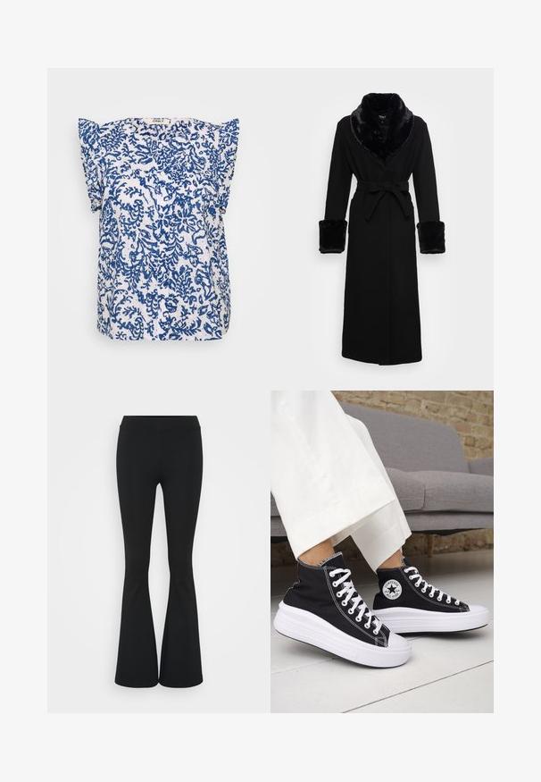 Roupa preta com um colarinho e punhos em pelagem sintética, cintura cingida, mangas longas e barra reta. Textura suave, design elegante.; Blusa de mangas curtas em tecido branco com padrão floral azul, placket de botões e detalhes com babados nos ombros. Leve e respirável.; Calças pretas de corte alargado feitas de tecido elástico, com uma cintura alta e uma textura suave. As calças alargam-se a partir do joelho.; Ténis pretos de cano alto com solas e atacadores em borracha branca. Apresentam um emblema redondo e costuras contrastantes em branco. Material em lona.