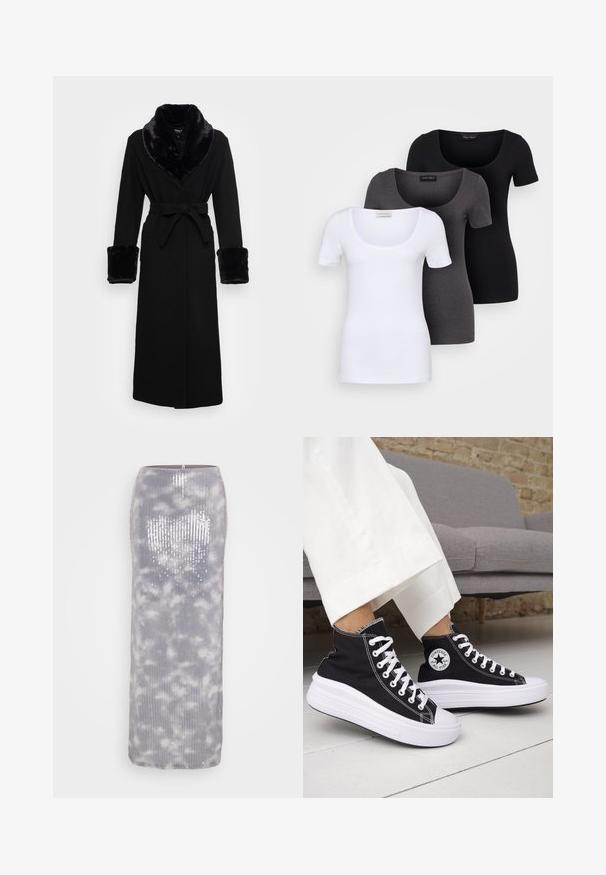 Roupa preta com um colarinho e punhos em pelagem sintética, cintura cingida, mangas longas e barra reta. Textura suave, design elegante.; Três t-shirts ajustadas em branco, cinza e preto. Cada uma possui um decote amplo e mangas curtas. Feitas de um tecido liso e elástico.; Saia longa cinza coberta de lantejoulas, com um design texturizado em relevo e um padrão suave e nebuloso. Apresenta uma silhueta reta e um fecho de correr nas costas.; Ténis pretos de cano alto com solas e atacadores em borracha branca. Apresentam um emblema redondo e costuras contrastantes em branco. Material em lona.