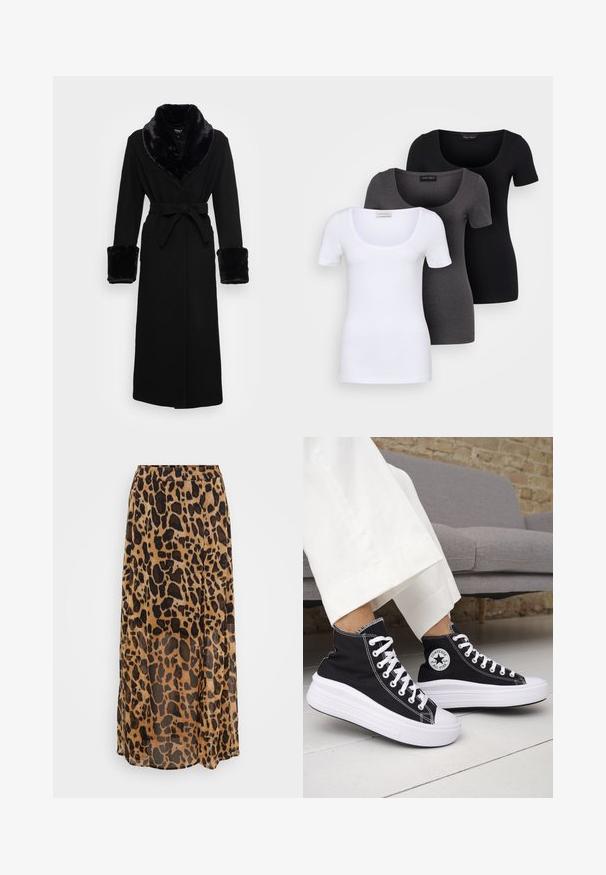 Svart kappe med krage og mansjetter i kunstpels, belte i midjen, lange ermer og rett kant. Glatt tekstur, elegant design.; Tre figurerte T-skjorter i hvit, grå og svart. Hver har en bred scoop-nakke og korte ermer. Laget av glatt, elastisk stoff.; Leopardmønster maxi-skjørt i brune og svarte nyanser, laget av lett stoff med en flytende design og elastisk midjebånd.; Svarte høye sneakers med hvite gummisåler og lisser. Har et rundt logo-merke og kontrasterende hvite sømmer. Laget av lerret.