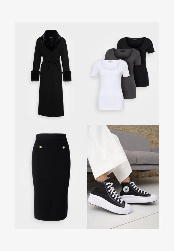 Robe noire avec un col châle en fausse fourrure et des poignets, taille ceinturée, manches longues et ourlet droit. Texture lisse, design élégant.; Trois T-shirts ajustés en blanc, gris et noir. Chacun présente un décolleté large et des manches courtes. Fabriqués en tissu lisse et extensible.; Vero Moda Tall VMSABA LENGHT SKIRT - Jupe crayon - black; Baskets montantes noires avec semelles et lacets en caoutchouc blanc. Dotées d'un patch logo rond et de surpiqûres blanches contrastantes. Matière en toile.
