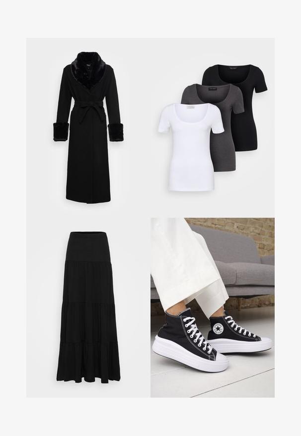 Schwarzer Umhang mit einem Kragen und Bündchen aus Kunstfell, tailliert, langen Ärmeln und geradem Saum. Glatte Textur, elegantes Design.; Drei figurbetonte T-Shirts in Weiß, Grau und Schwarz. Jedes hat einen weiten Rundhalsausschnitt und kurze Ärmel. Hergestellt aus glattem, elastischem Stoff.; Schwarzer Maxirock aus weichem Stoff, mit einem anliegenden Taillenbund und einem gestuften Rüschendesign mit drei verschiedenen Lagen.; Schwarze High-Top-Sneaker mit weißen Gummisohlen und Schnürsenkeln. Verfügt über ein rundes Logo-Patch und kontrastierende weiße Nähte. Aus Canvas-Material.