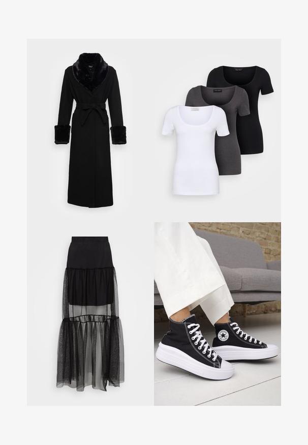 Zwarte robe met een nep bont sjaalkraag en manchetten, ceintuur in de taille, lange mouwen en een rechte zoom. Soepele textuur, elegante uitstraling.; Drie getailleerde T-shirts in het wit, grijs en zwart. Elk met een brede ronde hals en korte mouwen. Gemaakt van gladde, rekbare stof.; Zwarte gelaagde rok met een doorschijnend, textuur ondergedeelte, een elastische tailleband en een vloeiende uitstraling. Gemaakt van lichte materialen.; Zwarte hoge sneakers met witte rubberen zolen en veters. Voorzien van een ronde logo patch en contrasterende witte stiksels. Gemaakt van canvas.