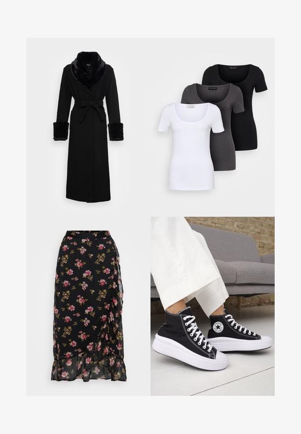 Black robe with a faux fur shawl collar and cuffs, belted waist, long sleeves, and a straight hem. Smooth texture, elegant design.; Three fitted T-shirts in white, gray, and black. Each features a wide scoop neckline and short sleeves. Made from smooth, stretchy fabric.; Black floral skirt featuring pink and green patterns, flared design, and ruffled hem. Made from lightweight, semi-sheer fabric.; Black high-top sneakers with white rubber soles and laces. Features a round logo patch and contrasting white stitching. Canvas material.