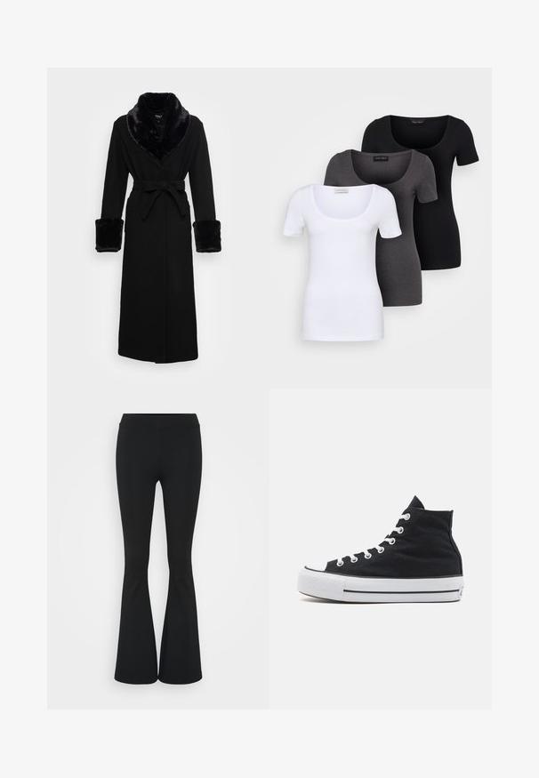 Schwarzer Umhang mit einem Kragen und Bündchen aus Kunstfell, tailliert, langen Ärmeln und geradem Saum. Glatte Textur, elegantes Design.; Drei figurbetonte T-Shirts in Weiß, Grau und Schwarz. Jedes hat einen weiten Rundhalsausschnitt und kurze Ärmel. Hergestellt aus glattem, elastischem Stoff.; Schwarze, ausgestellte Hosen aus dehnbarem Material mit hohem Bund und glatter Textur. Die Hose weitet sich ab dem Knie.; Schwarze High-Top-Canvas-Sneaker mit weißem Gummikappeneinsatz, weißen Schnürsenkeln und einem strukturierten schwarzen Obermaterial. Schwarz-weiße gestreifte Zwischensohle.