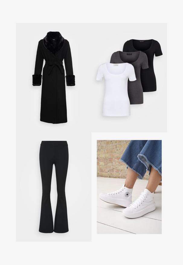 Schwarzer Umhang mit einem Kragen und Bündchen aus Kunstfell, tailliert, langen Ärmeln und geradem Saum. Glatte Textur, elegantes Design.; Drei figurbetonte T-Shirts in Weiß, Grau und Schwarz. Jedes hat einen weiten Rundhalsausschnitt und kurze Ärmel. Hergestellt aus glattem, elastischem Stoff.; Schwarze, ausgestellte Hosen aus dehnbarem Material mit hohem Bund und glatter Textur. Die Hose weitet sich ab dem Knie.; Weiße High-Top-Sneaker aus Canvas mit Gummisohle, ausgestattet mit silbernen Ösen, einem runden Logo-Patch und einer strukturierten Plattformsohle.