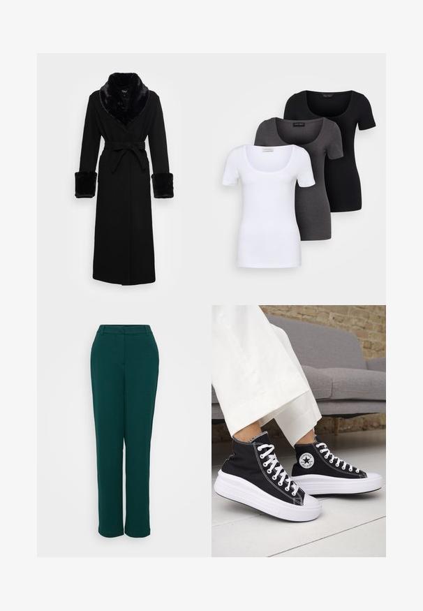 Svart kappe med krage og mansjetter i kunstpels, belte i midjen, lange ermer og rett kant. Glatt tekstur, elegant design.; Tre figurerte T-skjorter i hvit, grå og svart. Hver har en bred scoop-nakke og korte ermer. Laget av glatt, elastisk stoff.; Grønn høyt liv bukser med rett ben design, laget av glatt stoff, med frontlommer og en diskret linning.; Svarte høye sneakers med hvite gummisåler og lisser. Har et rundt logo-merke og kontrasterende hvite sømmer. Laget av lerret.