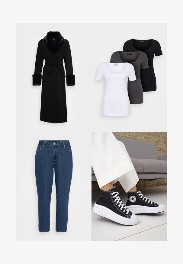 Juoda mantija su dirbtinės odos šalikėlėmis ir rankogaliais, diržo juosmeniu, ilgomis rankovėmis ir tiesiu našiu. Sklandi tekstūra, elegantiškas dizainas.; Trys priderinti marškiniai: balti, pilki ir juodi. Kiekvienas turi plačią apvalią iškirptę ir trumpas rankoves. Pagaminti iš lygaus, tamprių audinio.; Tamsiai mėlynos aukšto liemens tiesios kojų džinsinės kelnės su priekinėmis kišenėmis, diržo kilpomis, metaliniu mygtuku ir užtrauktuku ant balto fono.; Juodi aukštakulniai sportbačiai su baltais guminiu padu ir raišteliais. Ant jų yra apvalus logotipo lopas ir kontrastingos baltos siūlės. Pagaminti iš drobės medžiagos.