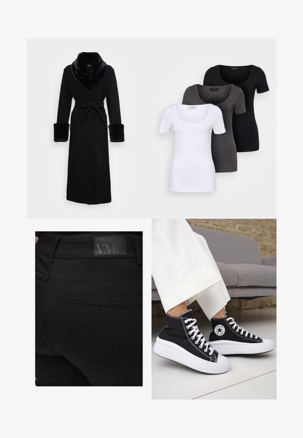 Sort kappe med krave og manchetter i faux pels, bælte i taljen, lange ærmer og lige kant. Glat tekstur, elegant design.; Tre tætsiddende T-shirts i hvid, grå og sort. Hver af dem har en bred scoop-udskæring og korte ærmer. Fremstillet af glat, strækbart stof.; Sorte skinny jeans med en glat tekstur. Har et VMD-logo-patch ved taljen, detaljer på baglommen og en tætsiddende pasform.; Sorte sneakers med højt skaft, hvide gummisåler og snørebånd. Har en rund logo-patch og kontrasterende hvide syninger. Fremstillet af lærredsmateriale.