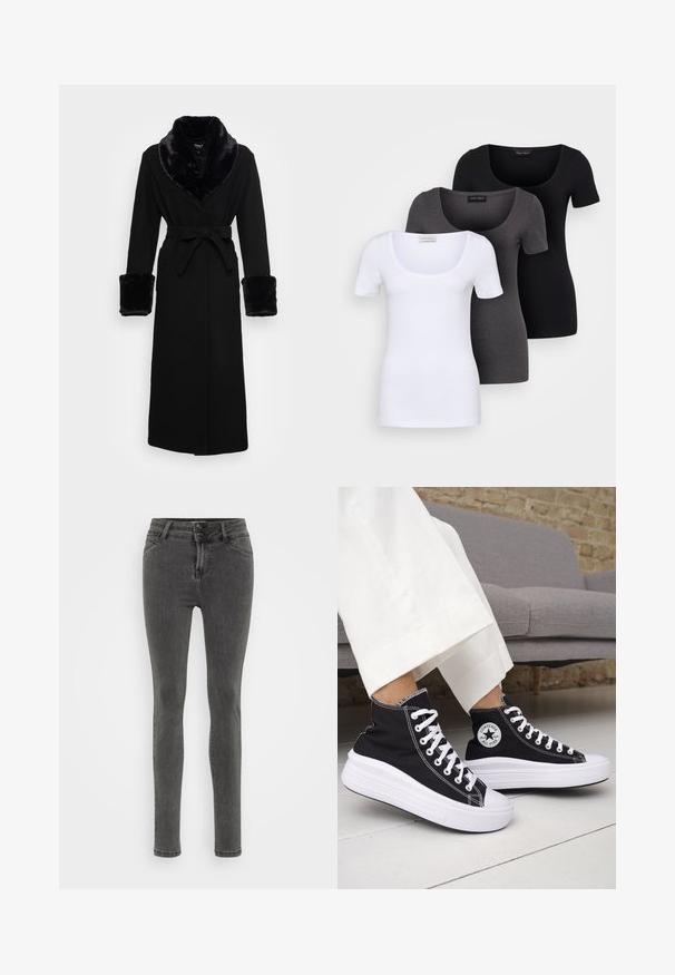 Svart kappe med krage og mansjetter i kunstpels, belte i midjen, lange ermer og rett kant. Glatt tekstur, elegant design.; Tre figurerte T-skjorter i hvit, grå og svart. Hver har en bred scoop-nakke og korte ermer. Laget av glatt, elastisk stoff.; Tynne grå jeans laget av denim, med høy livvidde, to-knapps lukking og minimale sømdetaljer for et slankt utseende.; Svarte høye sneakers med hvite gummisåler og lisser. Har et rundt logo-merke og kontrasterende hvite sømmer. Laget av lerret.