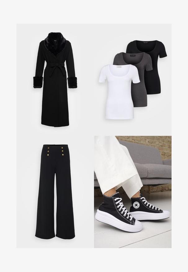 Roupa preta com um colarinho e punhos em pelagem sintética, cintura cingida, mangas longas e barra reta. Textura suave, design elegante.; Três t-shirts ajustadas em branco, cinza e preto. Cada uma possui um decote amplo e mangas curtas. Feitas de um tecido liso e elástico.; Calças largas pretas com uma textura suave, cintura alta e quatro botões dourados à frente, desenhadas para um ajuste talhado.; Ténis pretos de cano alto com solas e atacadores em borracha branca. Apresentam um emblema redondo e costuras contrastantes em branco. Material em lona.