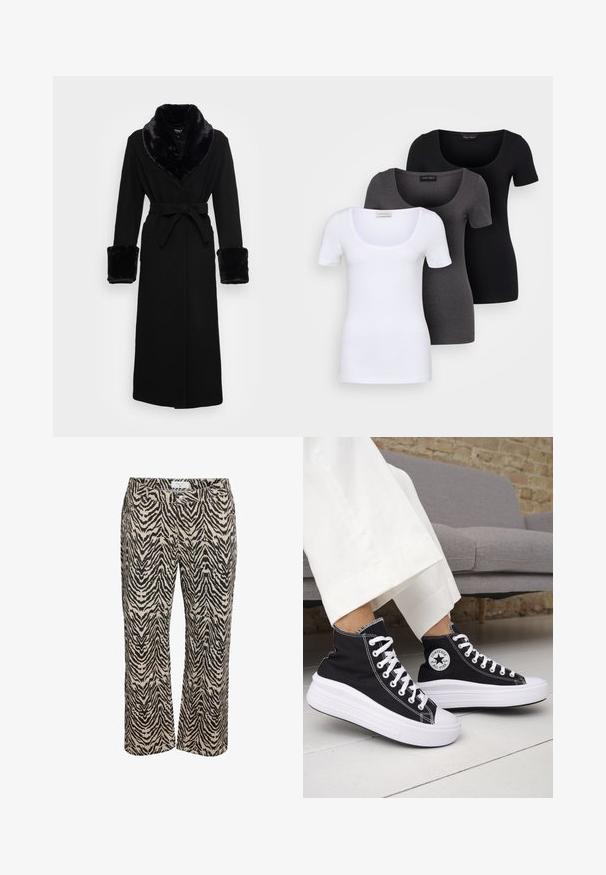 Ropa negra con un chal color de piel sintético y puños, cinturilla ajustada, mangas largas y un dobladillo recto. Textura suave, diseño elegante.; Tres camisetas ajustadas en blanco, gris y negro. Cada una cuenta con un escote amplio y mangas cortas. Están hechas de una tela suave y elástica.; Pantalones beiges con un patrón de cebra negro, con un diseño de pierna recta, bolsillos frontales y cierre de botón.; Zapatillas altas negras con suelas de goma blancas y cordones blancos. Presentan un parche redondo con logo y costuras blancas contrastantes. Material de lona.