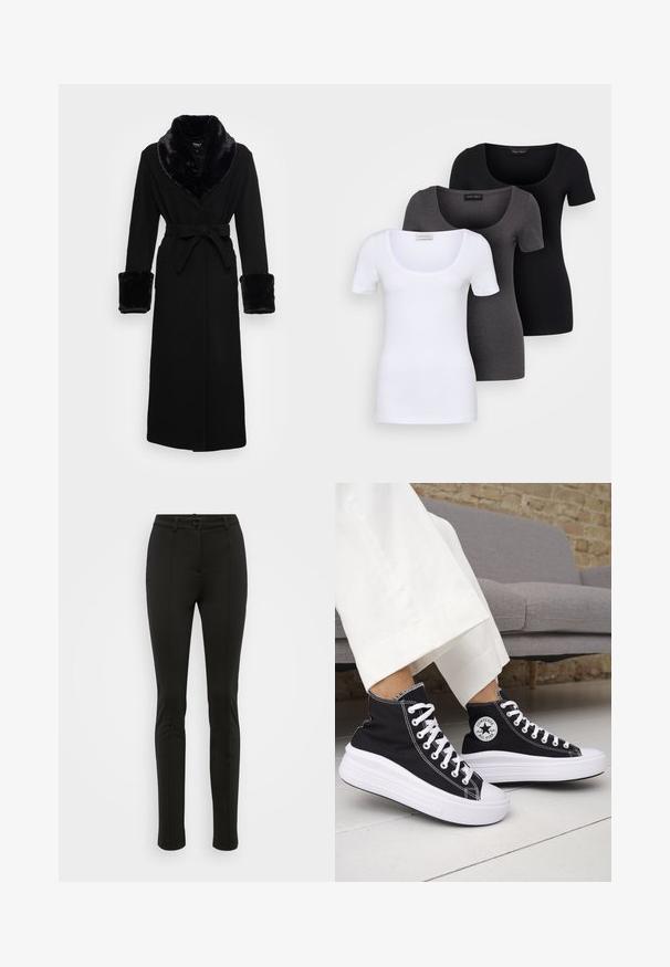 Juoda mantija su dirbtinės odos šalikėlėmis ir rankogaliais, diržo juosmeniu, ilgomis rankovėmis ir tiesiu našiu. Sklandi tekstūra, elegantiškas dizainas.; Trys priderinti marškiniai: balti, pilki ir juodi. Kiekvienas turi plačią apvalią iškirptę ir trumpas rankoves. Pagaminti iš lygaus, tamprių audinio.; Juodos prigludusios kelnės, pagamintos iš lygios medžiagos. Turi užsegimą mygtuku, diržo kilpeles ir tvarkingas priekinės dalies siūles. Kojų forma siaurėjanti.; Juodi aukštakulniai sportbačiai su baltais guminiu padu ir raišteliais. Ant jų yra apvalus logotipo lopas ir kontrastingos baltos siūlės. Pagaminti iš drobės medžiagos.