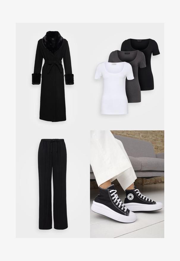 Roupa preta com um colarinho e punhos em pelagem sintética, cintura cingida, mangas longas e barra reta. Textura suave, design elegante.; Três t-shirts ajustadas em branco, cinza e preto. Cada uma possui um decote amplo e mangas curtas. Feitas de um tecido liso e elástico.; Calças pretas de perna larga feitas de um tecido macio com uma cintura elástica e cordão. Apresenta pregas verticais para um ajuste descontraído.; Ténis pretos de cano alto com solas e atacadores em borracha branca. Apresentam um emblema redondo e costuras contrastantes em branco. Material em lona.
