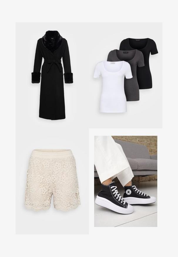 Čierny plášť s golierom a manžetami z imitácie kože, opaskom v páse, dlhými rukávmi a rovný spodným lemom. Hladká textúra, elegantný dizajn.; Tričko v bielej, šedej a čiernej farbe s priliehavým strihom. Každé má široký výstrih a krátke rukávy. Vyrobené z hladkej, elastickej tkaniny.; Krajkové šortky vo svetlej béžovej farbe s kvetinovými vzormi, vlnkovaným lemom a štruktúrovaným tkaným pásom, s prepracovanými detailmi po celom povrchu.; Čierne plátkové tenisky s vysokým strihom a bielymi gumovými podrážkami a šnúrkami. Majú okrúhly logotyp na boku a kontrastné biele stehy.