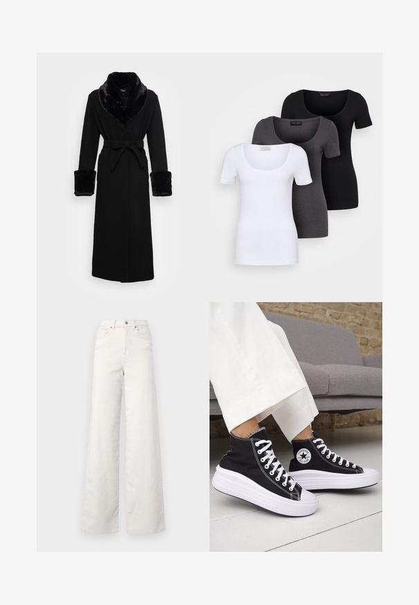 Fekete köpeny műszőrme sálgallérral és mandzsettákkal, övvel meghúzott derékkal, hosszú ujjakkal és egyenes szegéllyel. Sima textúra, elegáns dizájn.; Három szűkített T-póló fehér, szürke és fekete színben. Mindegyik széles, kerek nyakkal és rövid ujjakkal rendelkezik. Simább, elasztikus anyagból készült.; ONLY Tall ONLHOPE GLOBAL HIGH WAIST WIDE - Nadrágok - pumice stone; Fekete magas szárú tornacipők fehér gumitalppal és fűzővel. Kör alakú logófolttal és kontrasztos fehér varrással. Vászon anyagból.