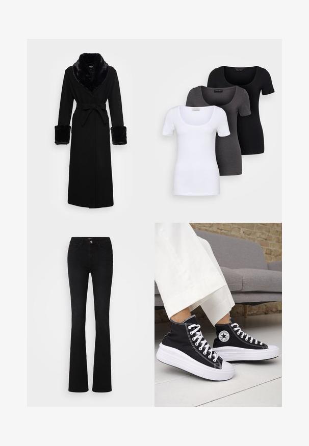 Rochie neagră cu guler și manșete din blană sintetică, talie accentuată cu un cordon, mâneci lungi și tiv drept. Textură netedă, design elegant.; Trei tricouri ajustate, în alb, gri și negru. Fiecare are un decolteu larg în formă de cerc și mâneci scurte. Fabricate dintr-un material neted și elastic.; Jeans negri evazați din denim, având un design clasic cu cinci buzunare, cusături subtile și închidere cu un buton în față.; Adidași negri înalți cu tălpi și șireturi albe din cauciuc. Prezintă o pată logo rotundă și cusături albe contrastante. Material din pânză.