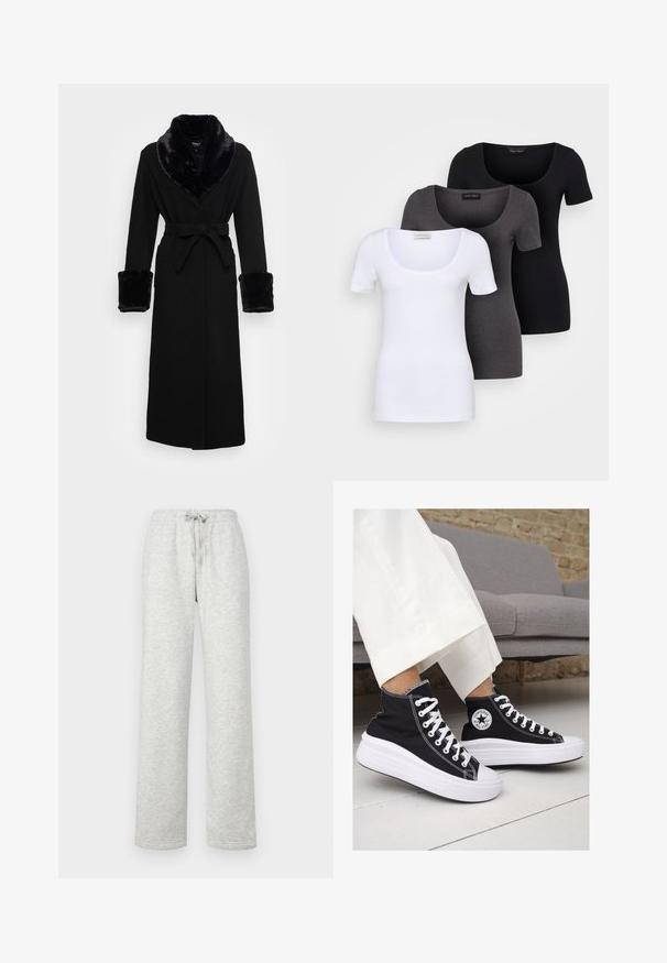 Svart kappa med en fuskpälskrage och manschetter, bälte i midjan, långa ärmar och rak fåll. Slät textur, elegant design.; Tre åtsittande T-shirts i vitt, grått och svart. Var och en har en bred rundad halsringning och korta ärmar. Tillverkade av mjukt, stretcht tyg.; Gina Tricot Tall BASIC STRAIGHT - Träningsbyxor - grey; Svarta canvas högskor med vita gummisulor och snören. Har en cirkulär logotyp på sidan och kontrasterande vit sömnad.