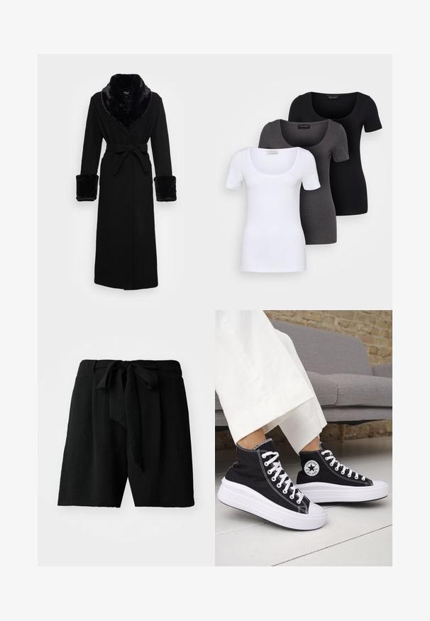 Roupa preta com um colarinho e punhos em pelagem sintética, cintura cingida, mangas longas e barra reta. Textura suave, design elegante.; Três t-shirts ajustadas em branco, cinza e preto. Cada uma possui um decote amplo e mangas curtas. Feitas de um tecido liso e elástico.; Calções pretos feitos de tecido texturizado, com um fecho de atar na cintura e um corte descontraído, alcançando a meio da coxa em comprimento.; Ténis pretos de cano alto com solas e atacadores em borracha branca. Apresentam um emblema redondo e costuras contrastantes em branco. Material em lona.