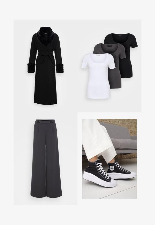 Zwarte robe met een nep bont sjaalkraag en manchetten, ceintuur in de taille, lange mouwen en een rechte zoom. Soepele textuur, elegante uitstraling.; Drie getailleerde T-shirts in het wit, grijs en zwart. Elk met een brede ronde hals en korte mouwen. Gemaakt van gladde, rekbare stof.; Wijdvallende broek in donkergrijs stof. Heeft plooien aan de voorkant en twee decoratieve knopen op de tailleband. Soepele textuur en op maat gemaakte pasvorm.; Zwarte canvas hoge sneakers met witte rubberen zolen en veters. Voorzien van een cirkelvormig logo aan de zijkant en contrasterende witte stiksels.