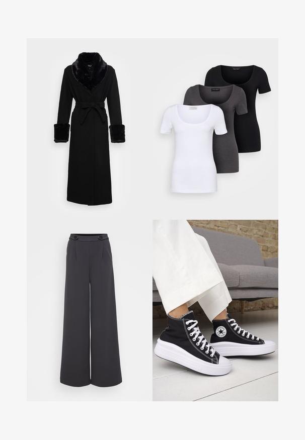 Roupa preta com um colarinho e punhos em pelagem sintética, cintura cingida, mangas longas e barra reta. Textura suave, design elegante.; Três t-shirts ajustadas em branco, cinza e preto. Cada uma possui um decote amplo e mangas curtas. Feitas de um tecido liso e elástico.; Calças largas em tecido cinza escuro. Apresentam pregas na frente e dois botões decorativos na cintura. Textura suave e forma ajustada.; Ténis pretos de cano alto com solas e atacadores em borracha branca. Apresentam um emblema redondo e costuras contrastantes em branco. Material em lona.