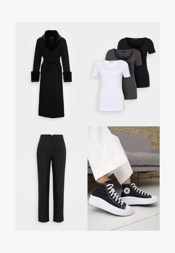 Crna haljina s ovratnikom i manžetama od umjetnog krzna, s pojasom u struku, dugim rukavima i ravnim rubom. Glatka tekstura, elegantan dizajn.; Tri fitted T-shirtovi u bijeloj, sivoj i crnoj boji. Svaki ima široki izrez na vratu i kratke rukave. Napravljen od glatkoga, rastezljivog materijala.; Crne hlače ravnog kroja, s plisiranim prednjim dijelom i glatkom teksturom tkanine. Imaju visoki struk i nemaju vidljive džepove.; Crne tenisice visoke košarke s bijelim gumenim potplatom i vezicama. Imaju okruglu logotipsku zakrpu i kontrastni bijeli šav. Materijal od platna.