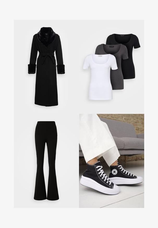 Fekete köpeny műszőrme sálgallérral és mandzsettákkal, övvel meghúzott derékkal, hosszú ujjakkal és egyenes szegéllyel. Sima textúra, elegáns dizájn.; Három szűkített T-póló fehér, szürke és fekete színben. Mindegyik széles, kerek nyakkal és rövid ujjakkal rendelkezik. Simább, elasztikus anyagból készült.; Vero Moda Tall VMAUGUSTA SLIM FLARED - Nadrágok - black; Fekete magas szárú tornacipők fehér gumitalppal és fűzővel. Kör alakú logófolttal és kontrasztos fehér varrással. Vászon anyagból.