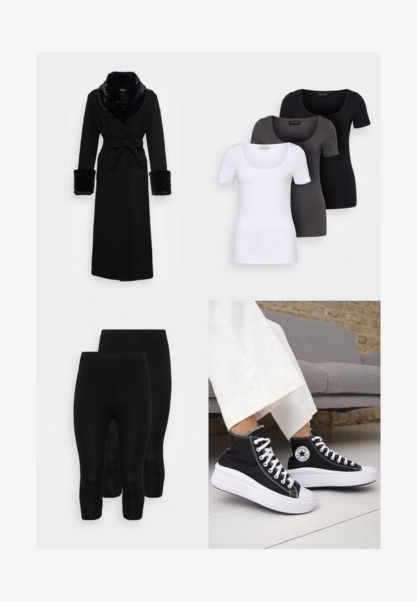 Juoda mantija su dirbtinės odos šalikėlėmis ir rankogaliais, diržo juosmeniu, ilgomis rankovėmis ir tiesiu našiu. Sklandi tekstūra, elegantiškas dizainas.; Trys priderinti marškiniai: balti, pilki ir juodi. Kiekvienas turi plačią apvalią iškirptę ir trumpas rankoves. Pagaminti iš lygaus, tamprių audinio.; Juodos tamprės be siūlių, vidutinio blauzdos ilgio, su švelnia tekstūra ir elastingu juosmeniu, užtikrinančiu patogumą.; Juodi aukštakulniai sportbačiai su baltais guminiu padu ir raišteliais. Ant jų yra apvalus logotipo lopas ir kontrastingos baltos siūlės. Pagaminti iš drobės medžiagos.