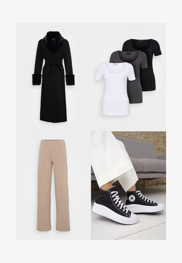 Svart kappe med krage og mansjetter i kunstpels, belte i midjen, lange ermer og rett kant. Glatt tekstur, elegant design.; Tre figurerte T-skjorter i hvit, grå og svart. Hver har en bred scoop-nakke og korte ermer. Laget av glatt, elastisk stoff.; Beige vide benbukser med en glat tekstur og sorte sidestriber. Har en høj talje for en strømlinet silhuet.; Svarte høye sneakers med hvite gummisåler og lisser. Har et rundt logo-merke og kontrasterende hvite sømmer. Laget av lerret.