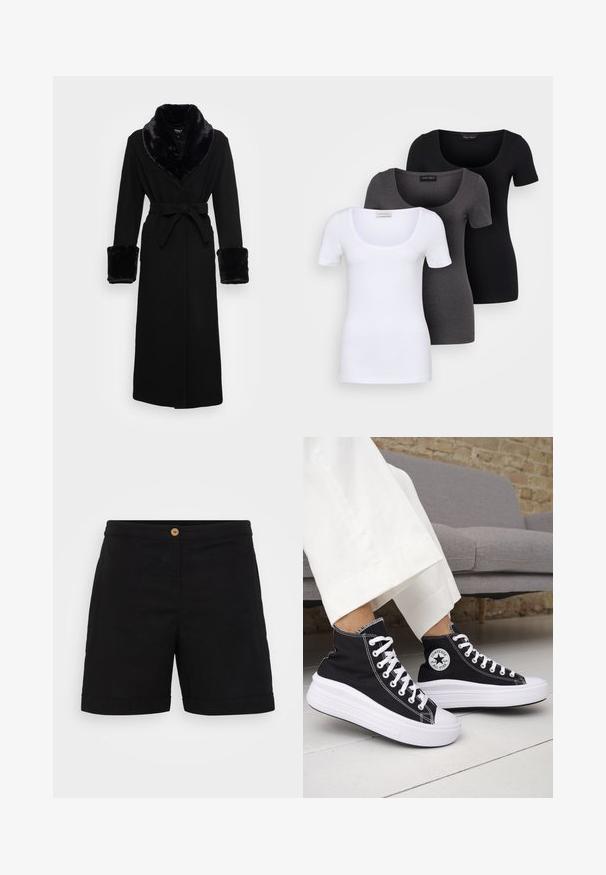 Svart kappe med krage og mansjetter i kunstpels, belte i midjen, lange ermer og rett kant. Glatt tekstur, elegant design.; Tre figurerte T-skjorter i hvit, grå og svart. Hver har en bred scoop-nakke og korte ermer. Laget av glatt, elastisk stoff.; Svart linshorts med et strømlinjeformet design, som har en enkelt treknapp i midjen og oppbrett på kanten. Smoother tekstur med sidelommer.; Svarte høye sneakers med hvite gummisåler og lisser. Har et rundt logo-merke og kontrasterende hvite sømmer. Laget av lerret.