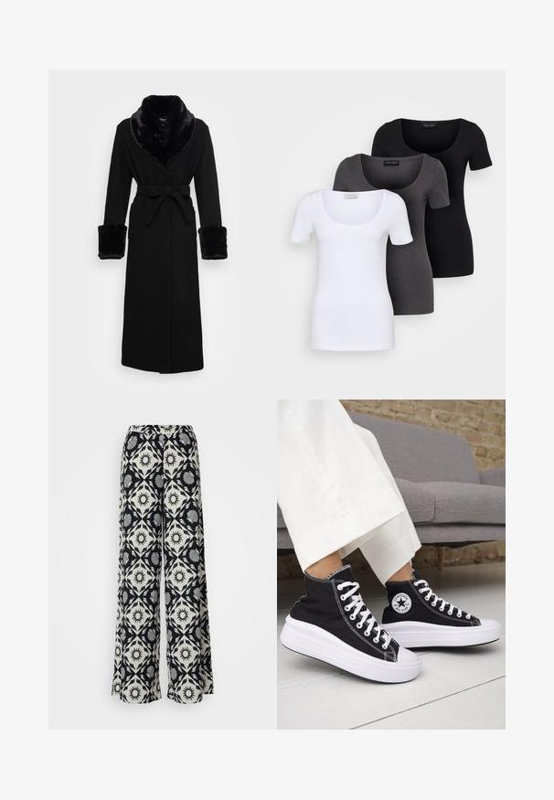 Sort kappe med krave og manchetter i faux pels, bælte i taljen, lange ærmer og lige kant. Glat tekstur, elegant design.; Tre tætsiddende T-shirts i hvid, grå og sort. Hver af dem har en bred scoop-udskæring og korte ærmer. Fremstillet af glat, strækbart stof.; Bredde ben bukser med et sort-hvidt mønster med sol- og muslingskaller. Fremstillet af letvægtsstof med en komfortabel talje.; Sorte sneakers med højt skaft, hvide gummisåler og snørebånd. Har en rund logo-patch og kontrasterende hvide syninger. Fremstillet af lærredsmateriale.