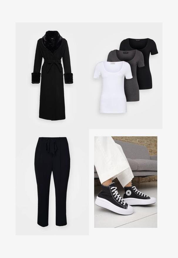 Robe noire avec un col châle en fausse fourrure et des poignets, taille ceinturée, manches longues et ourlet droit. Texture lisse, design élégant.; Trois T-shirts ajustés en blanc, gris et noir. Chacun présente un décolleté large et des manches courtes. Fabriqués en tissu lisse et extensible.; Pantalon noir en tissu doux, doté d'une ceinture à nouer assortie, de plis à l'avant et d'une coupe droite.; Baskets montantes en toile noire avec semelles et lacets en caoutchouc blanc. Elles présentent un logo circulaire sur le côté et un contraste de coutures blanches.