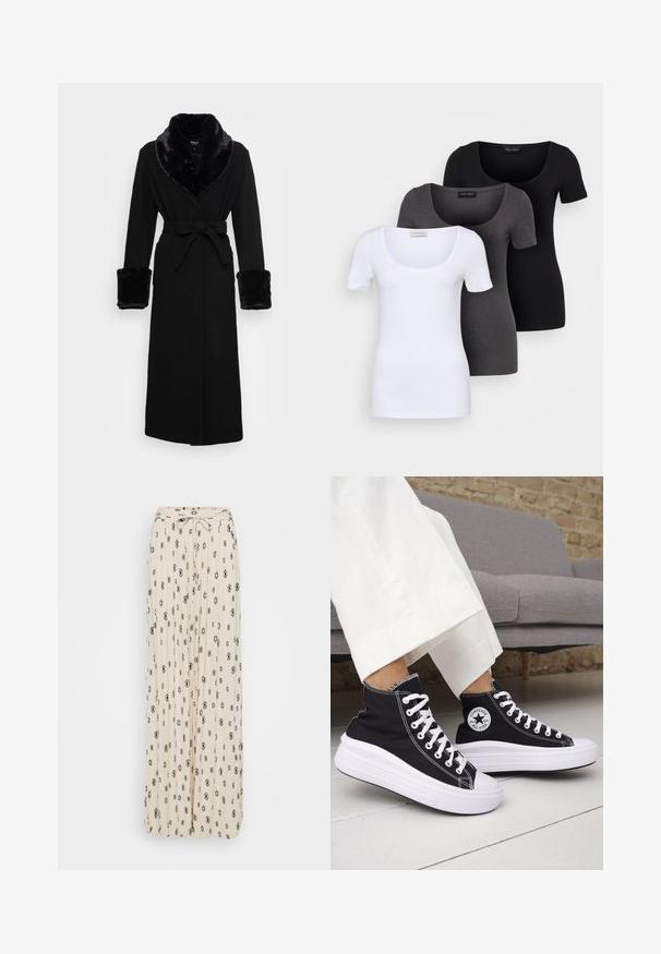 Zwarte robe met een nep bont sjaalkraag en manchetten, ceintuur in de taille, lange mouwen en een rechte zoom. Soepele textuur, elegante uitstraling.; Drie getailleerde T-shirts in het wit, grijs en zwart. Elk met een brede ronde hals en korte mouwen. Gemaakt van gladde, rekbare stof.; Crème maxi rok met zwarte diamanten en bloemmotieven, geplooid materiaal, strikceintuur en luchtig ontwerp.; Zwarte hoge sneakers met witte rubberen zolen en veters. Voorzien van een ronde logo patch en contrasterende witte stiksels. Gemaakt van canvas.