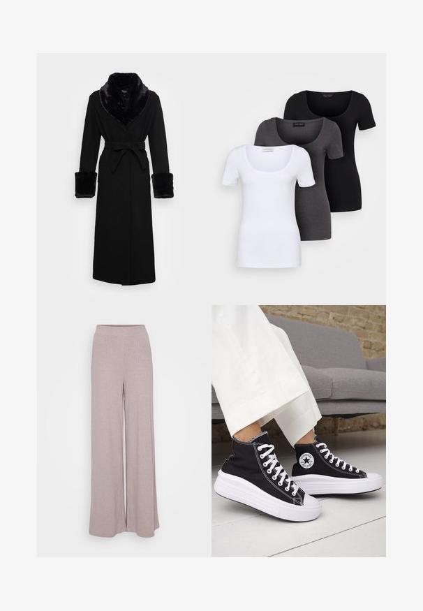 Roupa preta com um colarinho e punhos em pelagem sintética, cintura cingida, mangas longas e barra reta. Textura suave, design elegante.; Três t-shirts ajustadas em branco, cinza e preto. Cada uma possui um decote amplo e mangas curtas. Feitas de um tecido liso e elástico.; Calças largas feitas de um tecido suave e canelado numa cor mauve clara. Com um cós elástico para conforto e uma silhueta fluida.; Ténis pretos de cano alto com solas e atacadores em borracha branca. Apresentam um emblema redondo e costuras contrastantes em branco. Material em lona.
