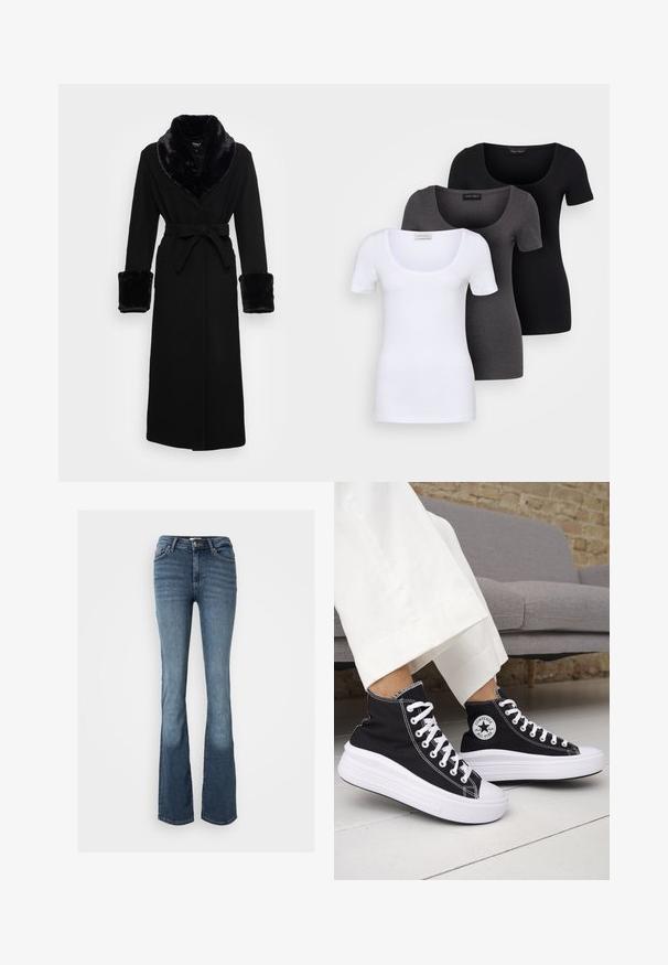 Roupa preta com um colarinho e punhos em pelagem sintética, cintura cingida, mangas longas e barra reta. Textura suave, design elegante.; Três t-shirts ajustadas em branco, cinza e preto. Cada uma possui um decote amplo e mangas curtas. Feitas de um tecido liso e elástico.; Jeans bootcut feitos de denim azul. Apresentam uma cintura média, cinco bolsos, costura discreta e um aspeto ligeiramente desbotado nas pernas.; Ténis pretos de cano alto com solas e atacadores em borracha branca. Apresentam um emblema redondo e costuras contrastantes em branco. Material em lona.