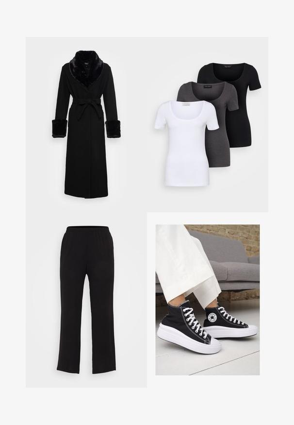 Robe noire avec un col châle en fausse fourrure et des poignets, taille ceinturée, manches longues et ourlet droit. Texture lisse, design élégant.; Trois T-shirts ajustés en blanc, gris et noir. Chacun présente un décolleté large et des manches courtes. Fabriqués en tissu lisse et extensible.; Pantalons noirs, légers et élastiques à taille élastique avec une coupe droite. Texture lisse, sans motifs ni détails matériels visibles.; Baskets montantes en toile noire avec semelles et lacets en caoutchouc blanc. Elles présentent un logo circulaire sur le côté et un contraste de coutures blanches.