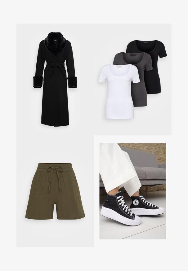 Melnā drēbe ar mākslīgā kažokāda apkakli un aprocēm, ar jostu viduklī, garām piedurknēm un taisnu apakšu. Gluda tekstūra, elegants dizains.; Trīs pieguļoši T-krekli baltā, pelēkā un melnā krāsā. Katram ir plaša izgriezuma kakla un īsas piedurknes. Izgatavoti no gluda, elastīga auduma.; Olīvu zaļi lina šorti ar plašu kāju dizainu, elastīgu jostu ar auklu un smalku tekstūru.; Melni kanvas augstpapēžu apavi ar baltām gumijas zolēm un auklām. Ievērojams aplis logotips sānos un kontrastējoša balta šuvums.