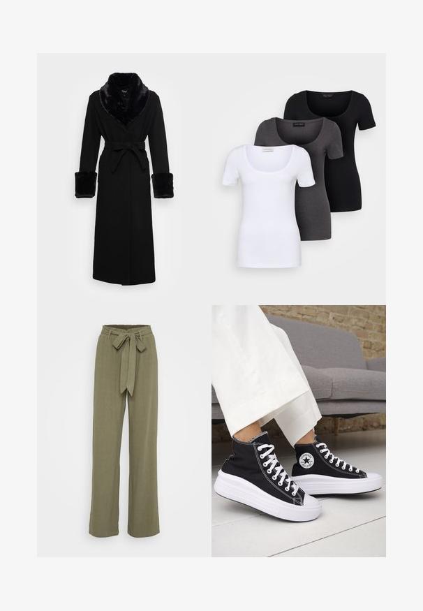 Robe nera con collo e polsini in pelliccia sintetica, vita cintata, maniche lunghe e orlo dritto. Tessuto morbido, design elegante.; Tre T-shirt aderenti in bianco, grigio e nero. Ognuna presenta un ampio scollo a barca e maniche corte. Realizzate in un tessuto morbido e elastico.; Pantaloni ampi color verde oliva con vita cinturata, realizzati in un tessuto testurizzato, caratterizzati da una finitura liscia e un taglio sartoriale.; Sneakers nere alte con suole e lacci in gomma bianca. Presentano una toppa con logo rotondo e cuciture a contrasto bianche. Materiale in tela.